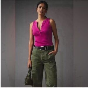 Anthropologie Pilcro Andie Ribbed Sleeveless Henley Tank in Raspberry